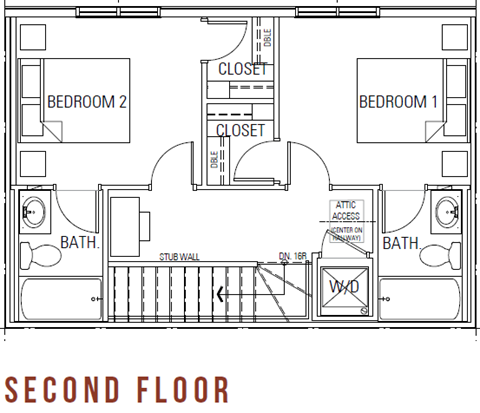 Floor plan for 2 beds, 2.5 baths, 1154 sqft